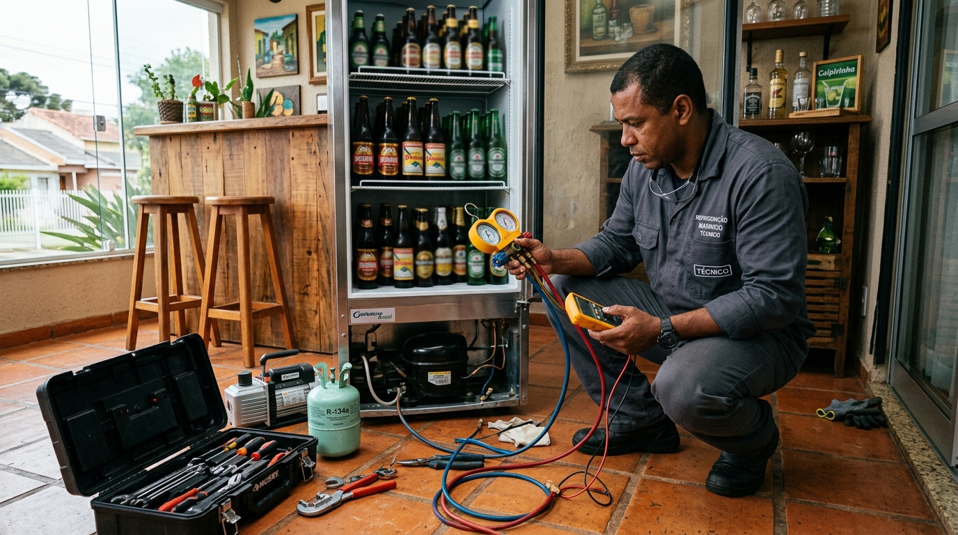 Técnico realizando manutenção de motor de cervejeira em Betim‑MG