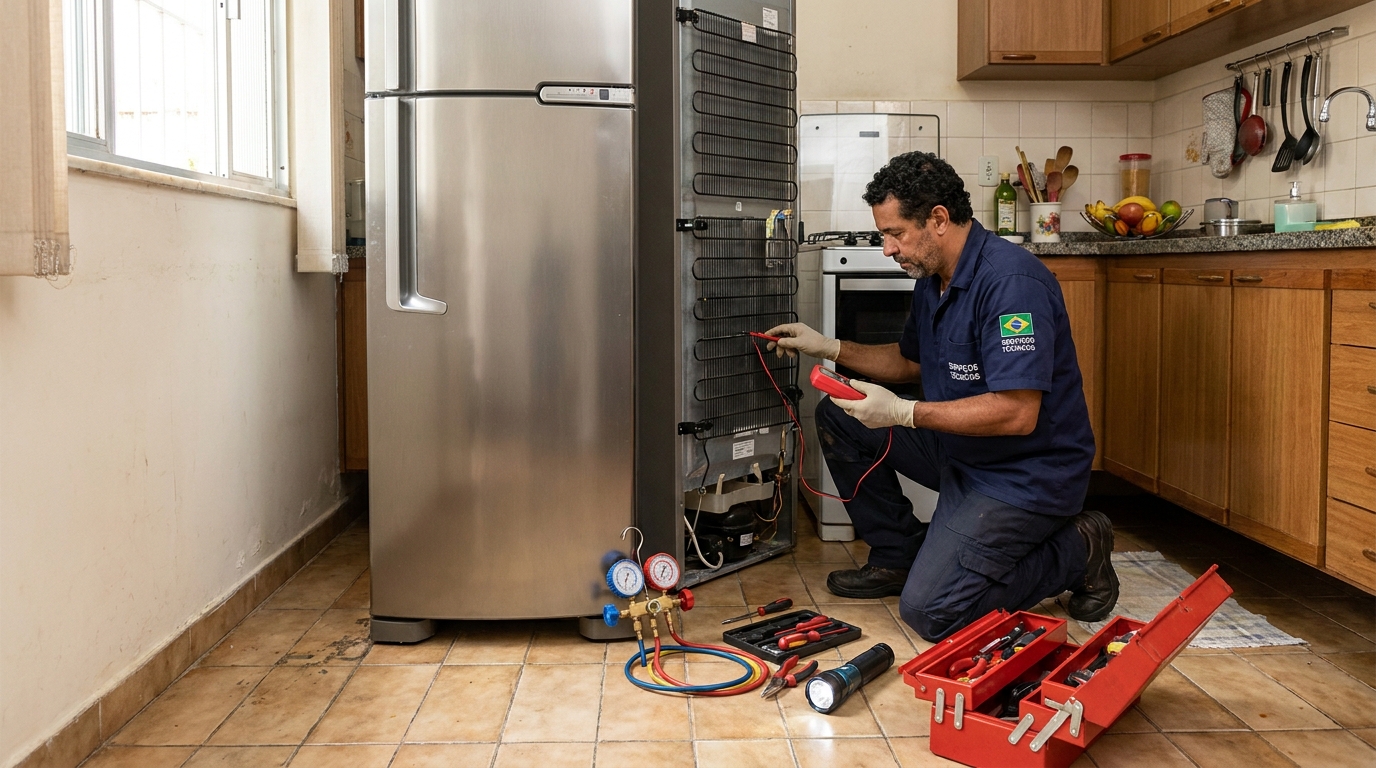 Técnico realizando manutenção de motor de geladeira em Betim‑MG